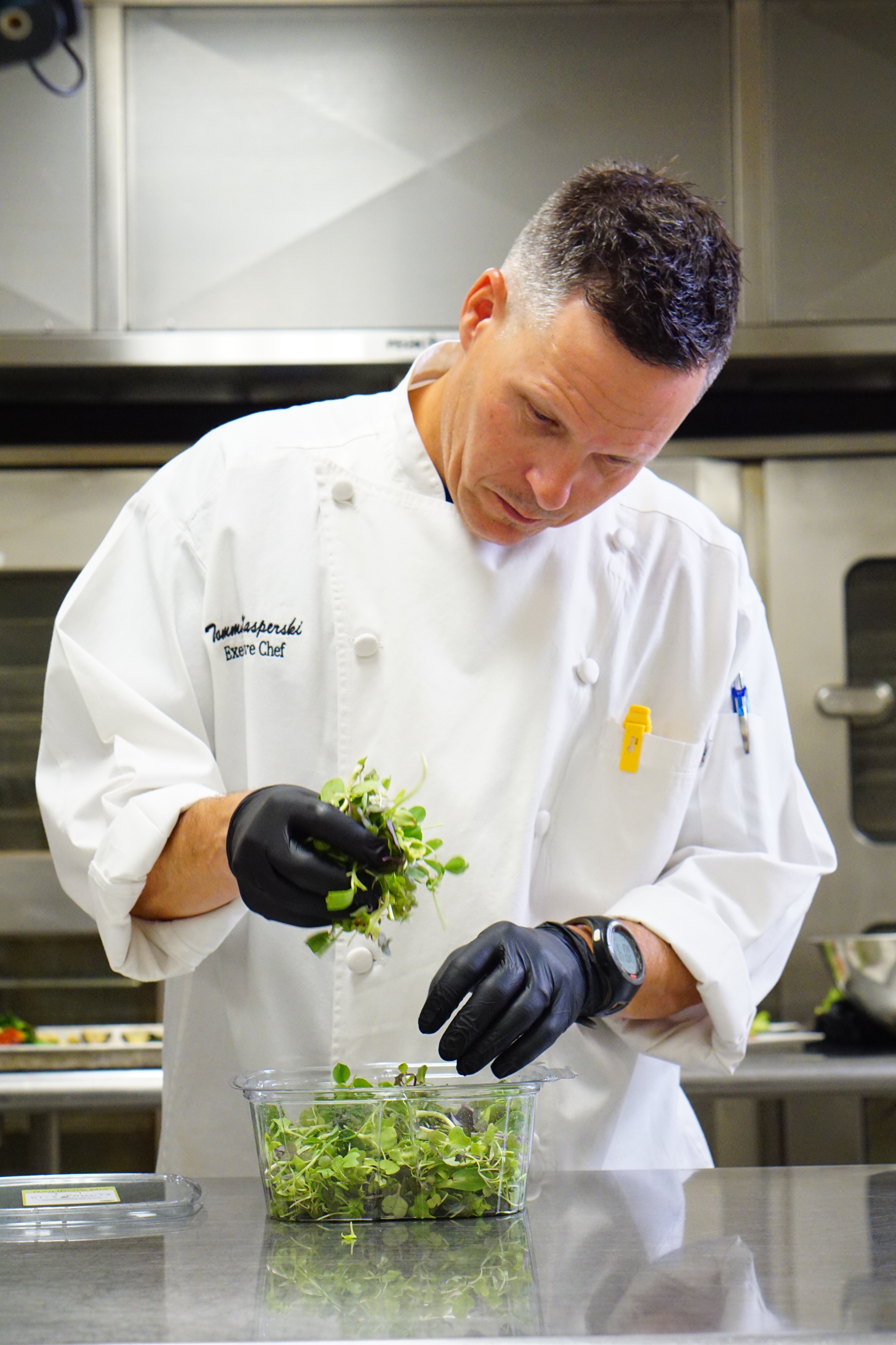 Chef Tomy picking microgreens from a local farm